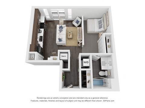 Floor plan for studio, 1 bath, 590 sqft